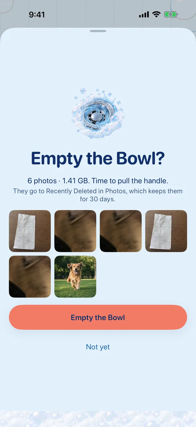 The Flushable Empty the Bowl sheet: the photo count and size, with a note that Recently Deleted keeps them for 30 days.