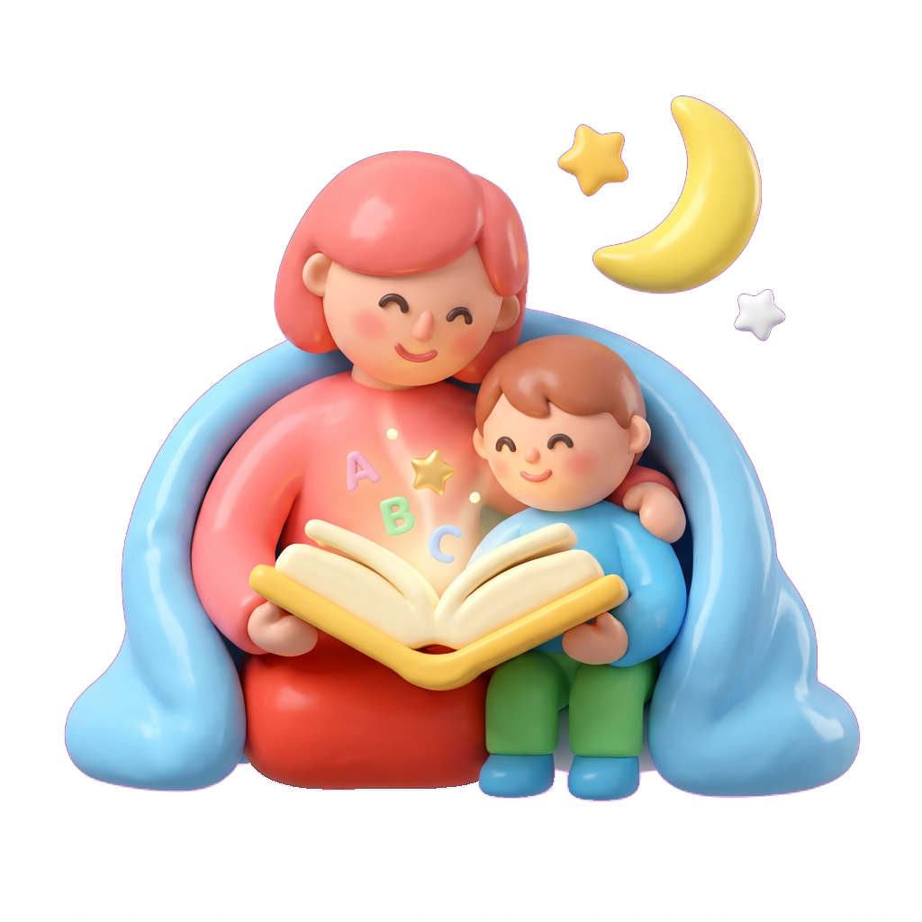A parent and child reading a storybook together at bedtime.