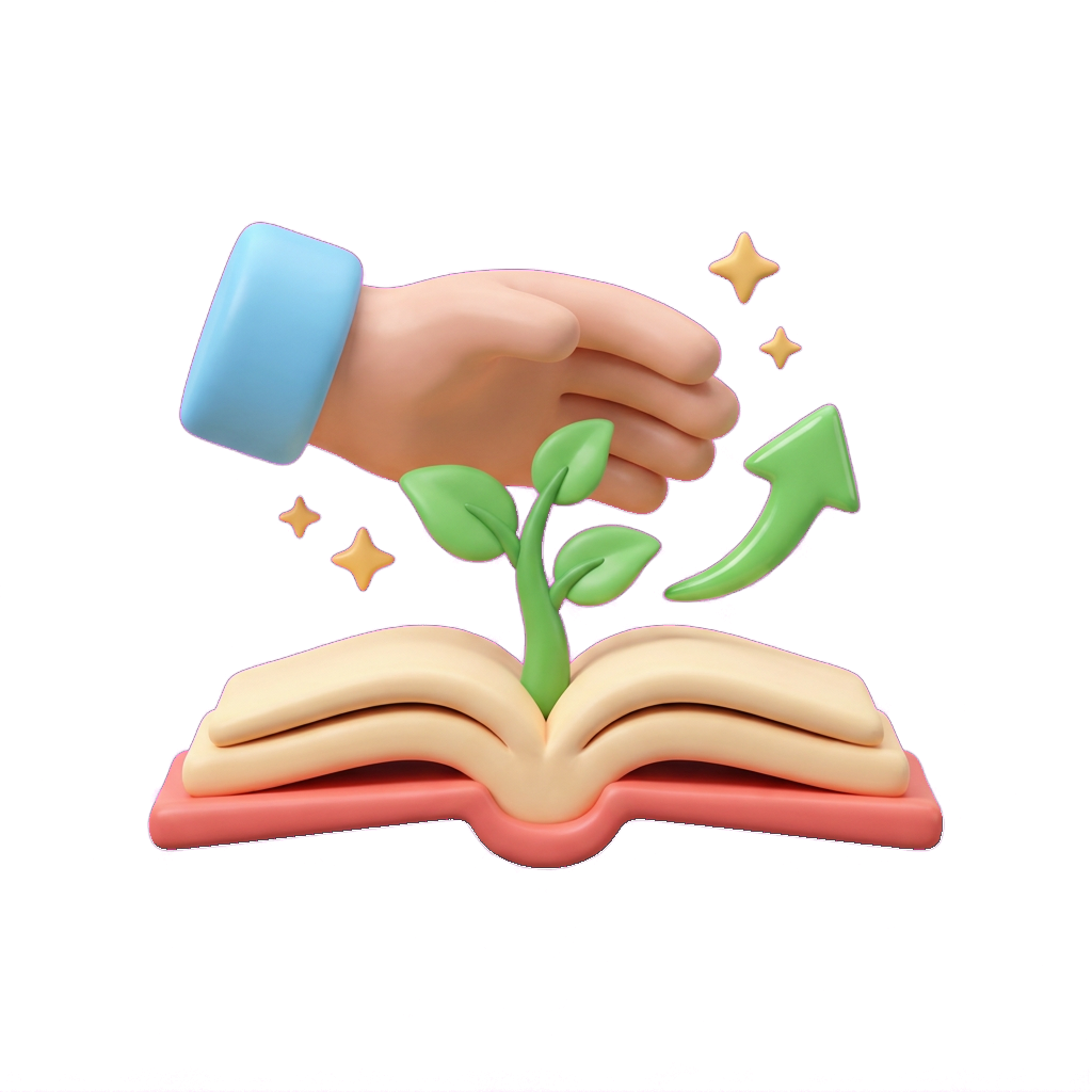 A storybook with a green sprout and an upward arrow growing out of its pages, cupped by a gentle hand, early reading care making the trend rise.