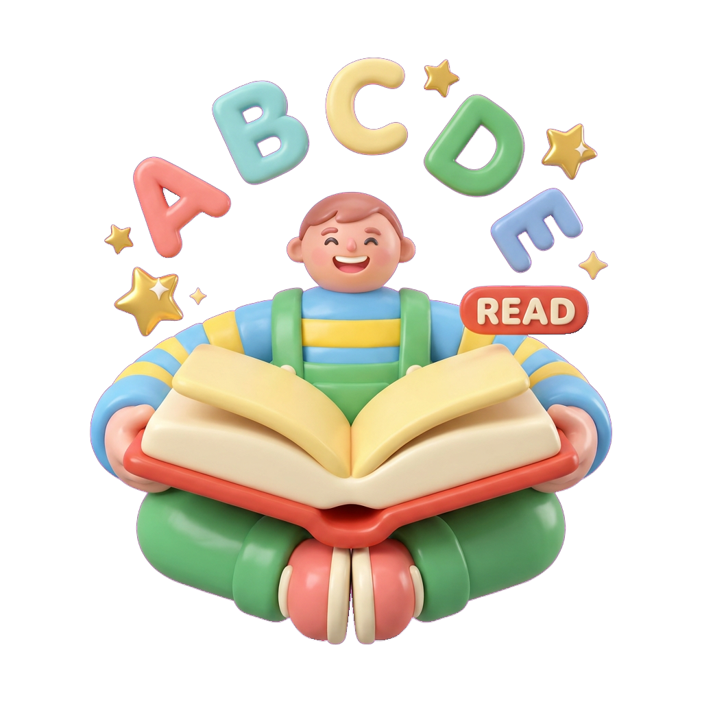 A delighted child reading an open book with the letters A, B, C, D and the word READ floating up in bright clay letters.