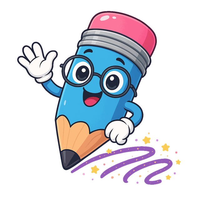 Wobbly, a friendly blue pencil with round glasses, waving hello