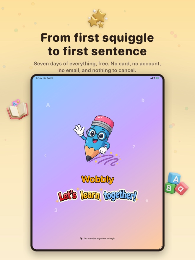 From first squiggle to first sentence: the Wobbly splash screen, and a seven day free trial with no card, no account and nothing to cancel.