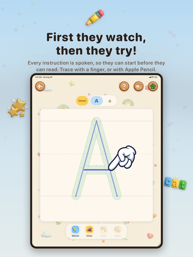 First they watch, then they try: Wobbly draws the stroke while a pointing hand shows where to start.