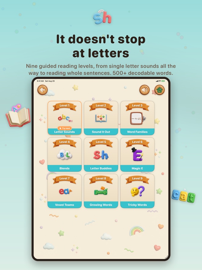 It does not stop at letters: the reading home, with all nine phonics levels on one screen.