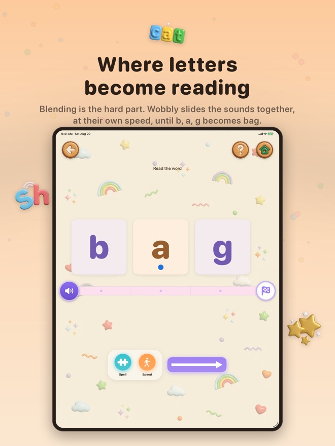 Where letters become reading: sounding out b a g one letter at a time, then reading the whole word.