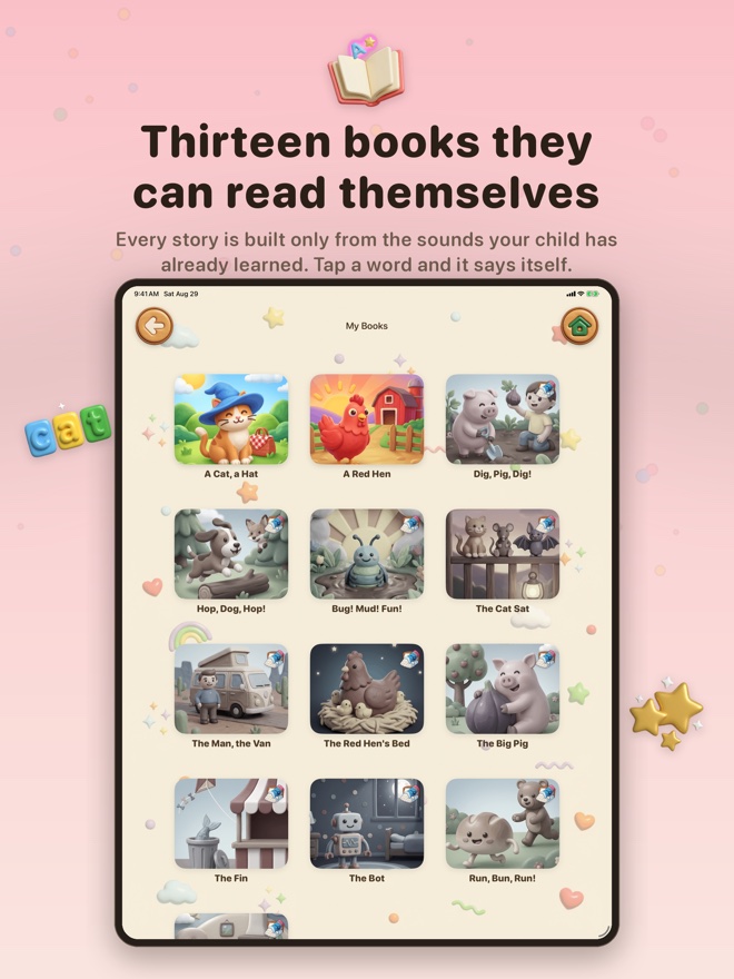 Real books that answer back: a storybook page built only from sounds the child already knows.