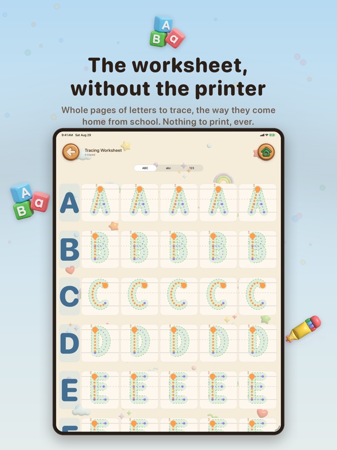 No printer needed: the iPad tracing worksheet, each letter down the side with practice cells across its row.