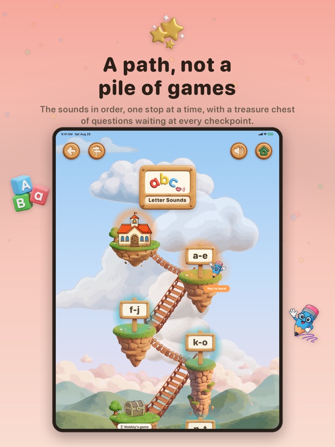 A path, not a pile of games: the Letter Sounds trail, with treasure chests along the way.