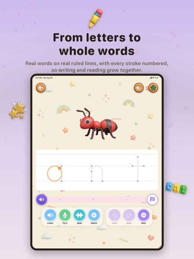 From letters to whole words: tracing a word letter by letter on ruled lines.