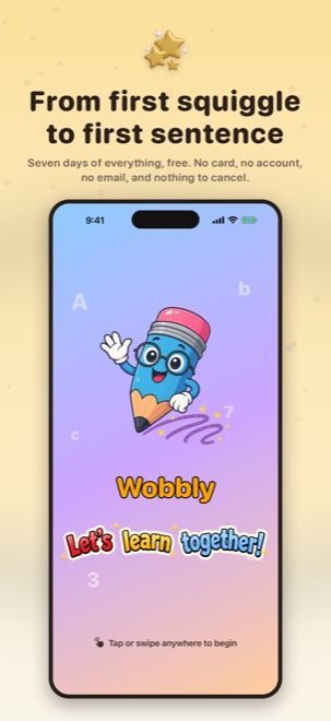 From first squiggle to first sentence: the Wobbly splash screen, and a seven day free trial with no card, no account and nothing to cancel.